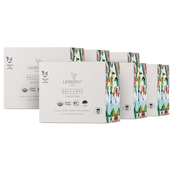 Lifeboost Half Caff Coffee K Cups - Low Acid Half Caff Coffee Pods - Single Origin Non-GMO Mold Free Pods Compatible with Keurig & Keurig 2 - No Mycotoxins or Pesticides - 10 Count (Pack of 2)