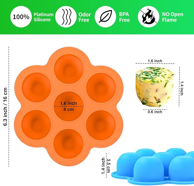 GOKCEN's Silicone Egg Bite Molds [2 Pack] Instant Pot Accessories - Fit Instant Pot 5,6,8 qt Pressure Cooker - Food Freezer Tray with Lid - Reusable Storage Container (Orange & Blue - Egg Bite Mold)
