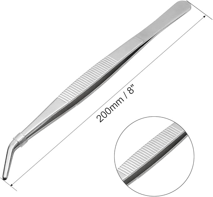 uxcell 8-Inch Stainless Steel Tweezers with Curved Serrated Tip Daily Garden Tool