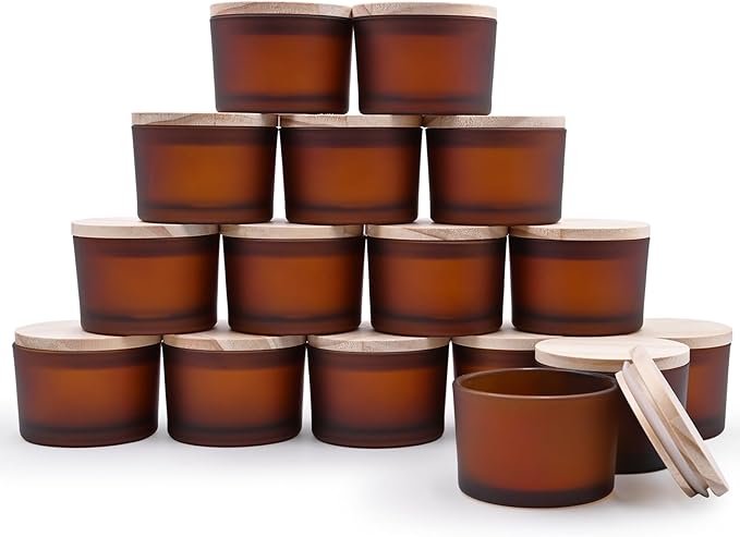 SHOWIN Thick Candle Jars for Making Candles 16 Pcs, 4 OZ Empty Jars with Wood Lids for Candle Making, Sample Container - Dishwasher Safe, Frosted Brown
