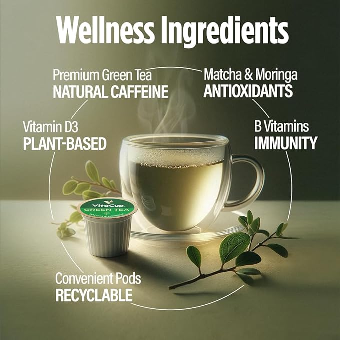 VitaCup Green Tea Pods, Enhance Energy & Detox with Matcha, Moringa, B Vitamins, D3, Keto, Paleo, Vegan, Recyclable Single Serve Pod, Compatible with Keurig K-Cup Brewers,32 Ct