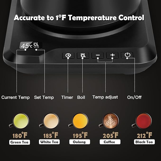 Ecorelax Gooseneck Electric Kettle Precise ±1℉ Temperature Control, 1200W Pour Over Electric Kettle for Coffee & Tea, 100% Stainless Steel Fast Boil & Keep Warm Kettle OLED Display, 1L Matt Black
