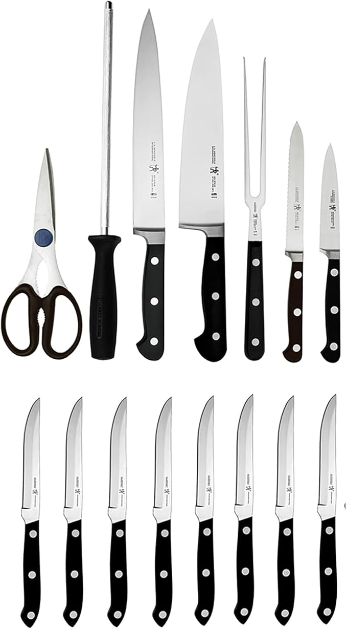 HENCKELS Classic Razor-Sharp 16-Piece Knife Block Set, Chef Knife, Bread Knife, Carving Fork and Knife, German Engineered Informed by 100+ Years of Mastery, Dark Brown Block