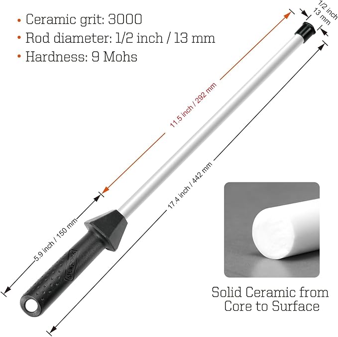 Total L.17.5-Inch/Rod L.12-Inch 3000-Grit Ceramic Sharpening Steel with Built-In Angle Guides and Anti-Breaking Cap, Sharpening Rod, Knife Steel, Ceramic Honing rod, Chaira Afilador Cuchillos