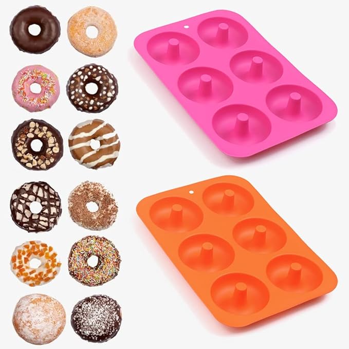 Newk Silicone Donut Pan, 6 Cavity Non-Stick Silicone Donut Mold for Donuts, Bagels - Set of 4, Blue+ Light Green+ Rose Red+ Orange