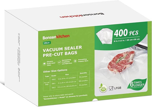 Bonsenkitchen Vacuum Sealer Bags,400 Quart 8" x 12" Precut Food Sealer Bags, Commercial Grade, BPA Free, Heavy Duty, Customized Size Vacuum Bags for Vac Storage, Meal Prep or Sous Vide Cooking, VB14