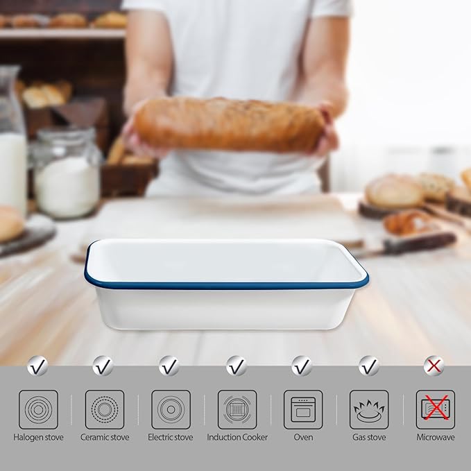 Webake Large Enamel Bread Pan, Long Banana Bread Loaf Pan for Baking, Non-Stick Rectangle Cake Pan Enamelware White 12 x 4.5 Inches