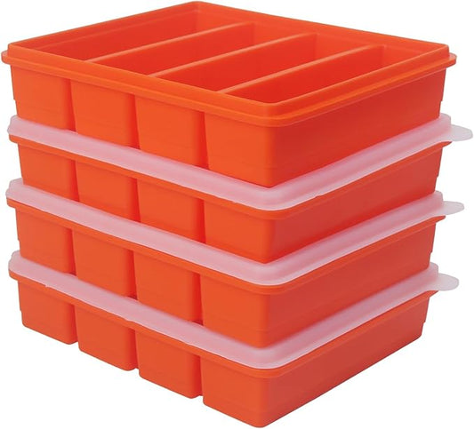 Large and Long Ice Cube Tray 4 Pack Silicone Freezing Container Sticks with Lid for Whiskey, Water Bottle, Food Leftovers and Baking (4 Pack Orange)