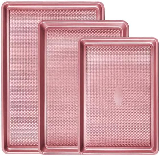 Nonstick Baking Sheet Pan Set of 3, Heavy Duty Cookie Sheets for Oven, 0.6mm Thick Quarter Size & Half Size & Jelly Roll Pan, Rustproof & Easy Clean with Textured Surface(Pink)