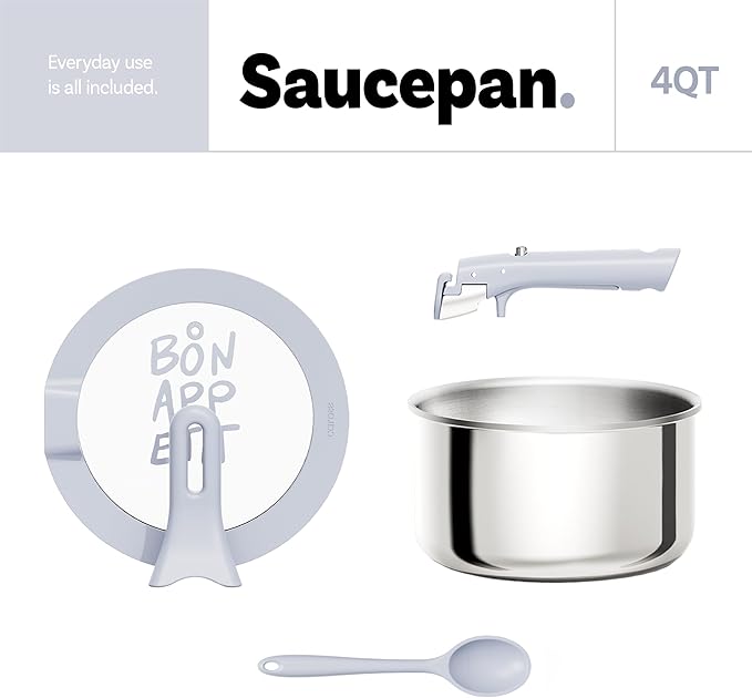 CAROTE 4QT Stainless Steel Sauce Pan with Stand-Up Lid, Nonstick Stainless Steel Pot with Detachable Handle, Non Toxic Kitchen Saucepan, Induction Kitchen Cookware, Oven Safe to 600°F
