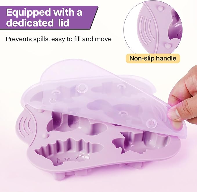 2-Pack Silicone Dinosaur Molds with Lids, Purple Dinosaur Silicone Molds for Chocolate, Baking & Crafting, Multi-Purpose Jello Molds for Kids, Candy, Ice Cubes, Crayons