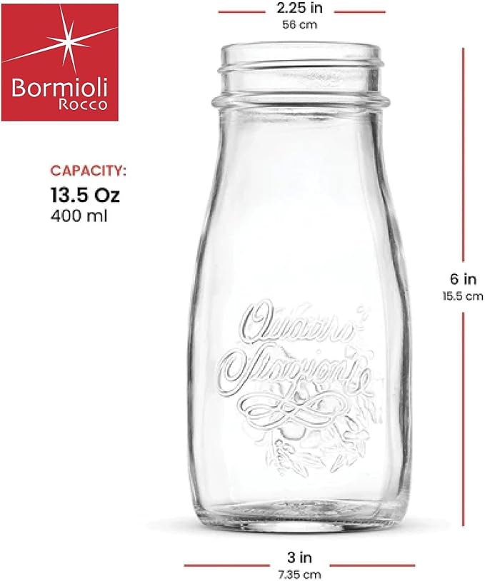 Bormioli Rocco Quattro Stagioni, Glass Canning Jar and Drinking Bottle, 13.5 Oz. with Gold Metal Airtight Lid, Made in Italy.