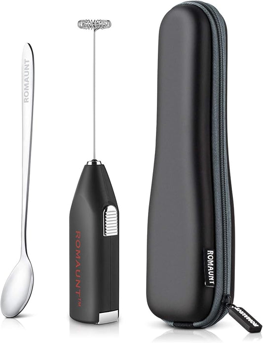 Electric Milk Frother Drink Mixer ROMAUNT Handheld Electric Battery Operated Frother Coffee Stainless Steel Foam Maker Perfect for Espresso, Latte, Cappuccino with Bonus Protective Case, Mix Spoon