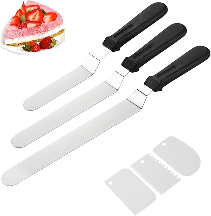 Icing Spatula, Cake Spatula, Frosting Spatula Set - 6", 8", 10" Stainless Steel Offset Spatulas with Non-Slip Handle & 3 Cake Scrapers, Angled Baking Decorating Tools