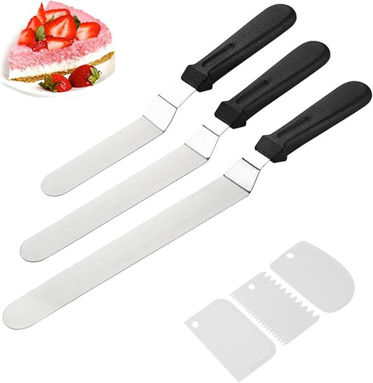 Icing Spatula, Cake Spatula, Frosting Spatula Set - 6", 8", 10" Stainless Steel Offset Spatulas with Non-Slip Handle & 3 Cake Scrapers, Angled Baking Decorating Tools