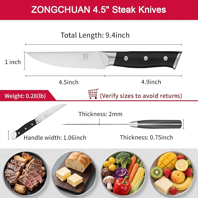 Steak Knife,4.5inch Steak Knives Set of 2,High-Carbon Stainless Steel Knife Set,Serrated Blade Sharp Knives,Dishwasher Safe,Ergonomic Black Handel,Full Tang Design With Excellent Gift