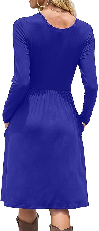 DB MOON Women Casual Long Sleeve Dresses Empire Waist Knee Length Loose Dress with Pockets