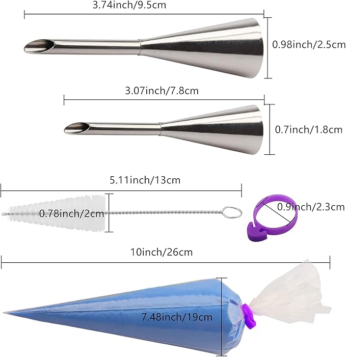 2Pcs Cream Icing Piping Nozzle Tip Stainless Steel,Long Puff Nozzle Tip with 50Pcs Disposable Pastry Piping Bags Cupcake and Puff Filling Kit Decorating Tool Supplies