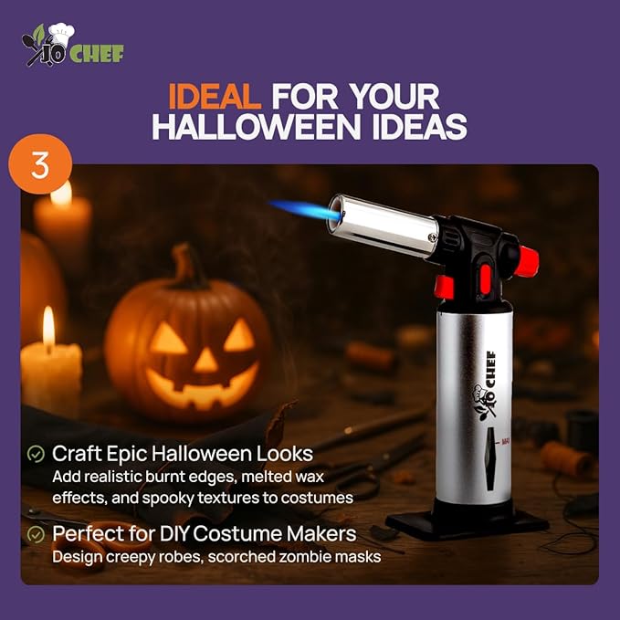 Jo Chef Butane Torch Lighter, Cooking Torch - Refillable Adjustable Flame Lighter with Safety Lock for BBQ, Baking, Brulee Creme, DIY + FREE Recipe eBook (Butane Not Included)