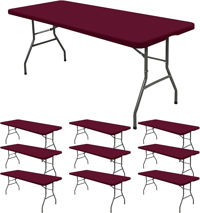 10 Pack Fitted Tablecloth for 8 Foot Rectangle Tables, Wine Red Elastic Outdoor Picnic Table Cover, Washable Stretch Folding Table Cloths 8 ft for Camping Party Patio Kitchen Banquet, 30" W x 96" L