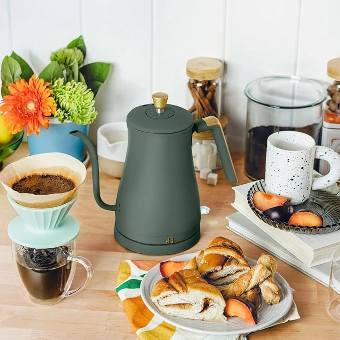 Beautiful 1L Electric Gooseneck Kettle, Precision Pour Spout, 1200W Fast Boil, Auto Shut-Off, Cordless, Stainless Steel, Tea & Coffee Maker with Ergonomic Handle, Thyme Green