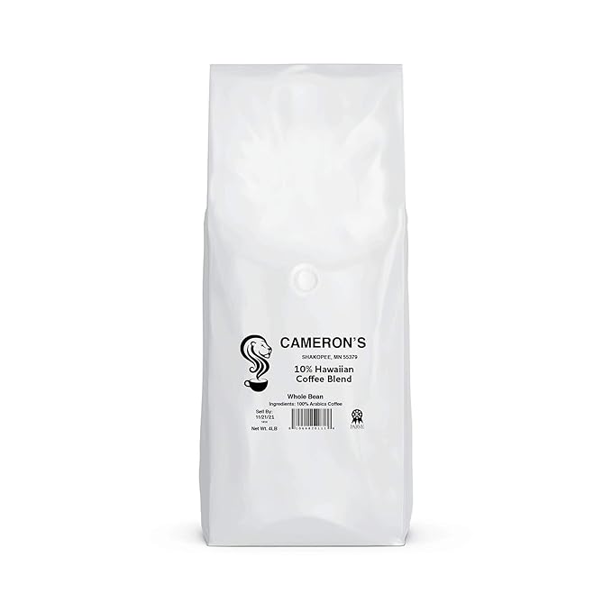 Cameron's Coffee Roasted Whole Bean Coffee, 10% Hawaiian Coffee Blend, 4 Pound