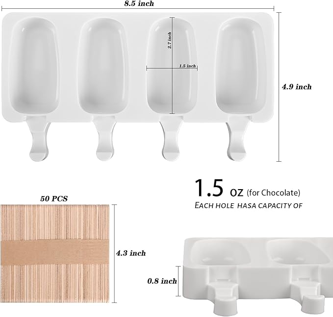 Sakolla 2 Pack Mini Popsicle Silicone Molds, 4 Cavities Oval Ice Pop Molds with 50 Wooden Sticks for Homemade Ice Cream, Cakesicles, Cake Pop (White)