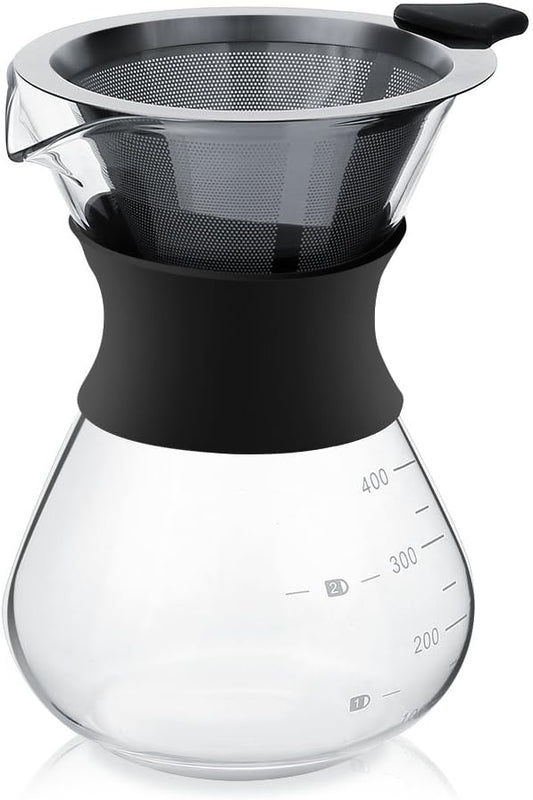 Zopsc 400ml Manual Hand Drip Glass Coffee Maker Pot with Stainless Steel Filter, Marks, Fine Mesh, Suitable for Kitchen, Dining Table, Easy to