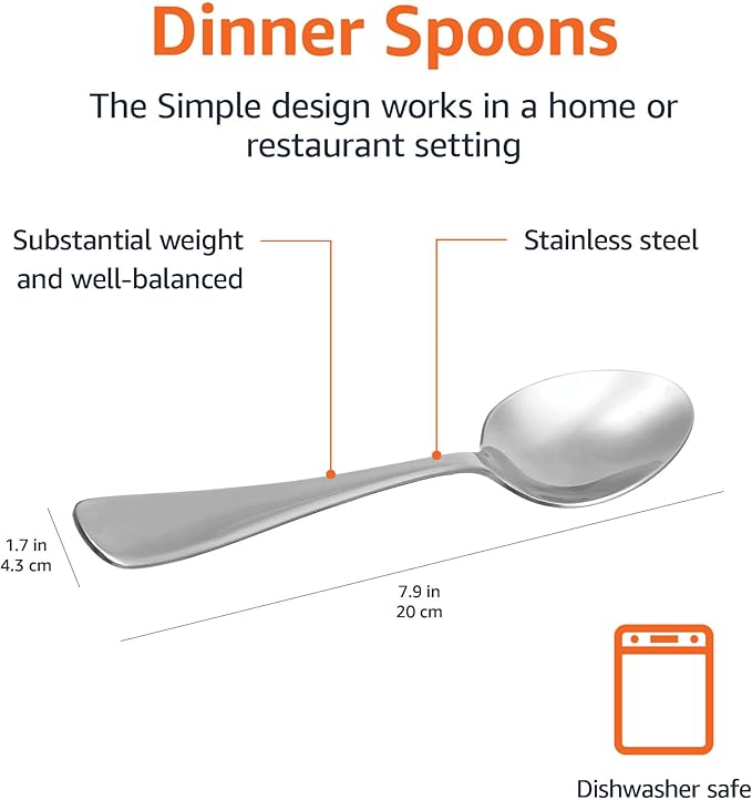 Amazon Basics Stainless Steel Dishwasher Safe Dinner Spoons with Round Edge, Large Tablespoons, 7.9 inches, Pack of 12, Silver