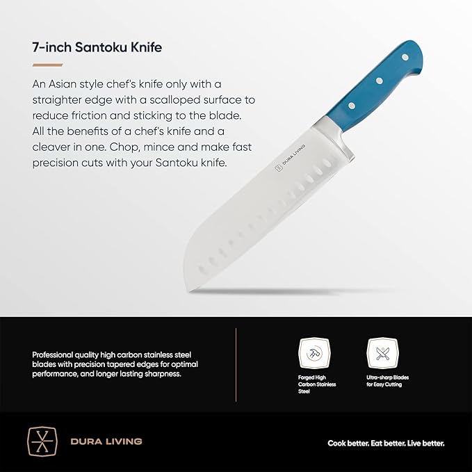 DURA LIVING 7-Inch Santoku Knife - Razor-Sharp High-Carbon Stainless Steel Blade, Forged Ergonomic Riveted Handle, Chef Knife for Chopping, Slicing & Dicing, Multipurpose Kitchen Knife, Home Chef