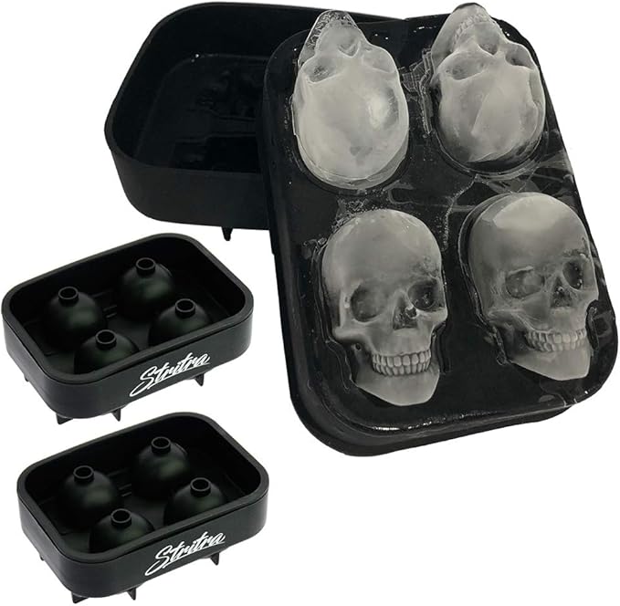 3D Skull Ice Mold (Pack of 2) Easy Release Silicone Mold,8 Cute and Funny Ice Skull for Whiskey,Cocktails and Juice Beverages,Black