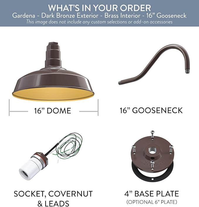 Steel Lighting Co. Gardena Barn Light | Outdoor Wall Mounted | 16" Dome | 16" Gooseneck | Farmhouse Light Made in America | Dark Bronze Exterior/Brass Interior