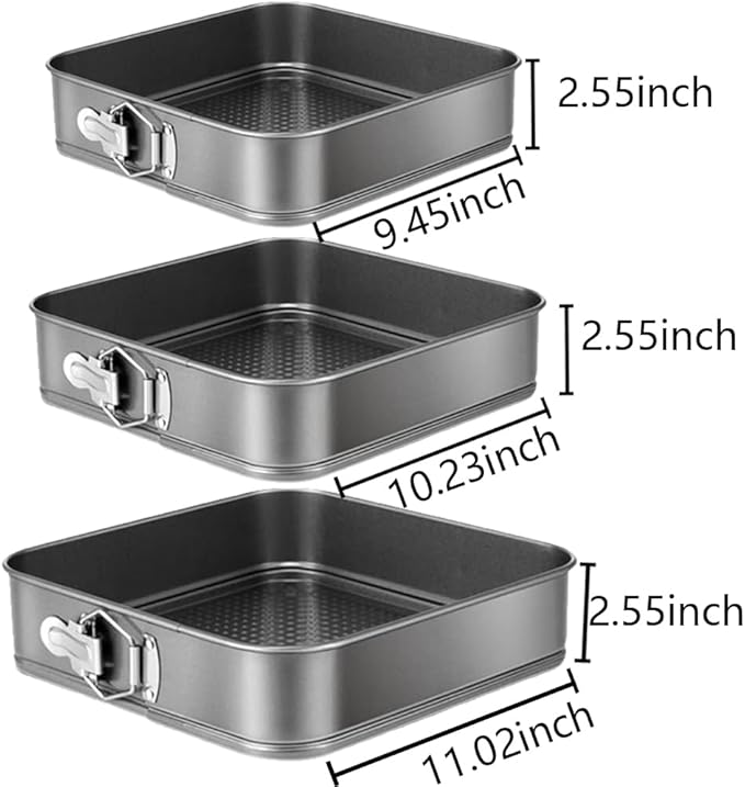 Springform Cake Pan Set of 3 (9.5, 10, 11 Inch) Square Baking Pans Nonstick Cheesecake Pans with Removable Bottom Bakeware for Cake, Cheesecakes, Pizza, and Quiches