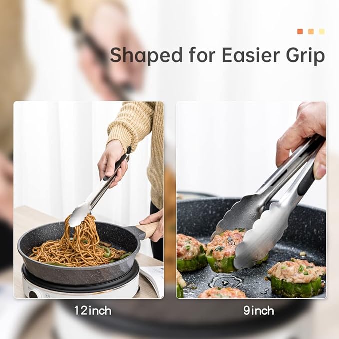9 & 12 Inch Kitchen Tongs, Stainless Steel Metal Tongs Cooking Tongs, for Cooking Barbecue, BBQ Grilling, Buffet Serving (9"+12")