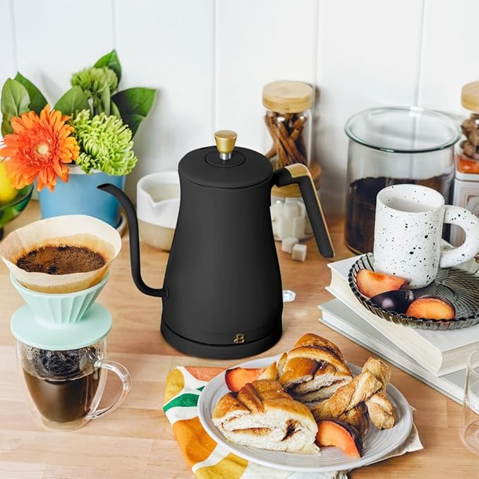 Beautiful 1L Electric Gooseneck Kettle, Precision Pour Spout, 1200W Fast Boil, Auto Shut-Off, Cordless, Stainless Steel, Tea & Coffee Maker with Ergonomic Handle, Matte Finish (Black Sesame)