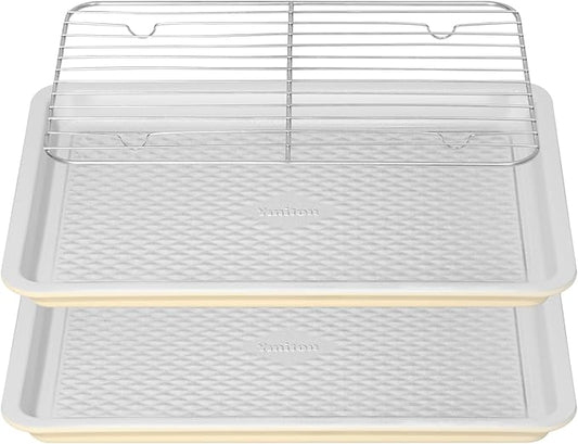 Nonstick Ceramic Baking Sheet With Rack, 2-Pack 15x10 Jelly Roll Sheet Pan, Non-Toxic, PTFE & PFOA Free, Warp-Free, Oven Safe 550°F, Dishwasher Safe, Aluminized Steel, Gray Yellow