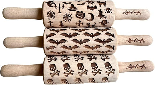 HALLOWEEN 3 Mini Embossed Rolling Pin Set. Wooden Laser Engraved Textured rolling pins for Cookies, Modeline, Ceramic with Skulls, Bats, Halloween by Algis Crafts