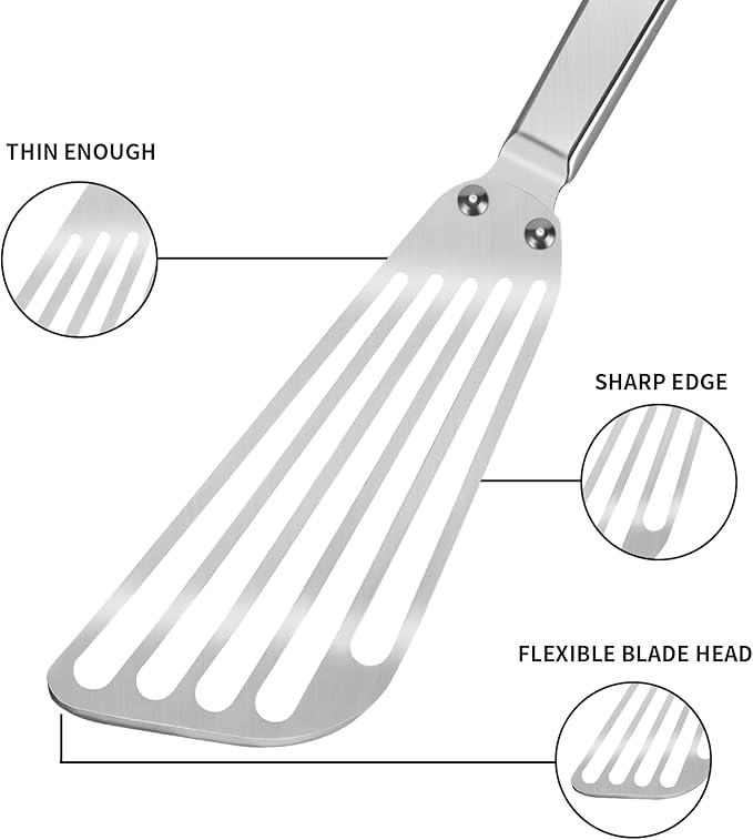 KSENDALO Flexible Fish Spatula Stainless Steel -Slotted Thin Egg Flipper with Riveted Handle, Angled Blade & Hollow Grip, Metal Turner for Cooking Fish Egg Pancakes (2 pack)