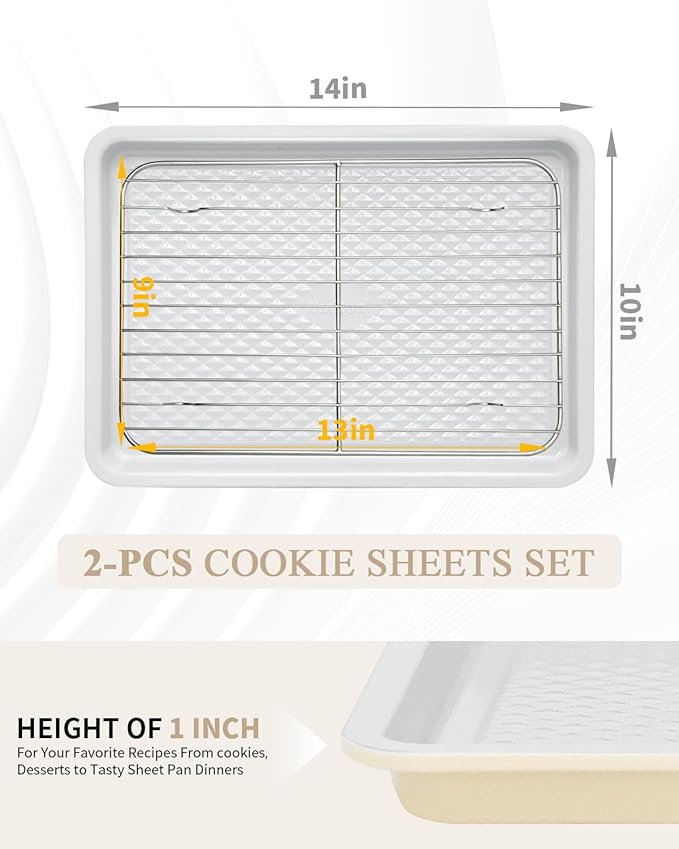 Nonstick Ceramic Baking Sheet with Rack, 2-Pack 13x9 Quarter Sheet Pan, Non-Toxic, PTFE & PFOA Free, Warp-Free, Oven Safe 550°F, Dishwasher Safe, Aluminized Steel, Gray Yellow