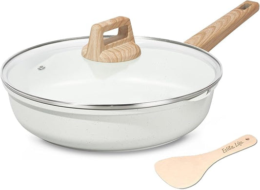 ESLITE LIFE Nonstick Ceramic Frying Pan Skillet with Lid, Non-Toxic Egg Omelette Kitchen Cooking Pans Compatible with All Stovetops (Gas, Electric & Induction), PTFE & PFOA Free (White, 8" w/Lid)