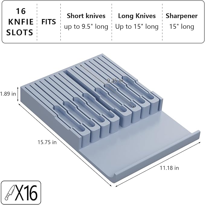 Domax Bamboo In-drawer Knife Block - Knife Drawer Organizer Insert Large Handle Steak Knife Holder, Kitchen Drawer Knife Organizer Fits for 16 knives and 1 Sharpening Steel (Not Included), Gray