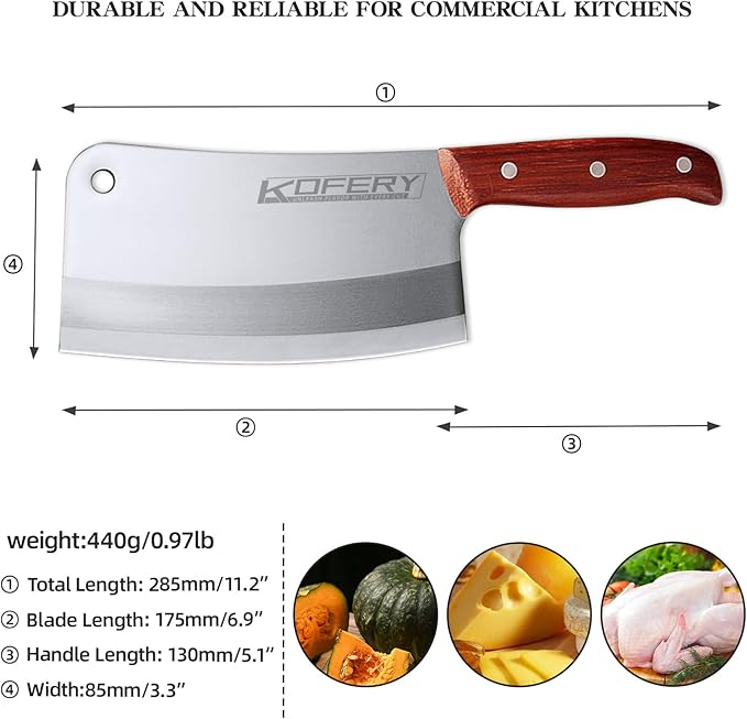 KOFERY Classic 7-inch Heavy Duty Meat Cleaver Knife - Bone Chopper for Home and Restaurant - Premium Stainless Steel Butcher's Choice