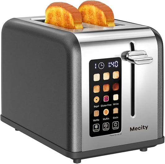 Mecity 2 Slice Touch Screen Toaster, 1.5" Wide Slot, Stainless Steel Smart Toaster for Bagels, Muffins, Waffles, Gluten-Free Breads, Defrost, Reheat, Timer, 120V 825W, Grey Pearl