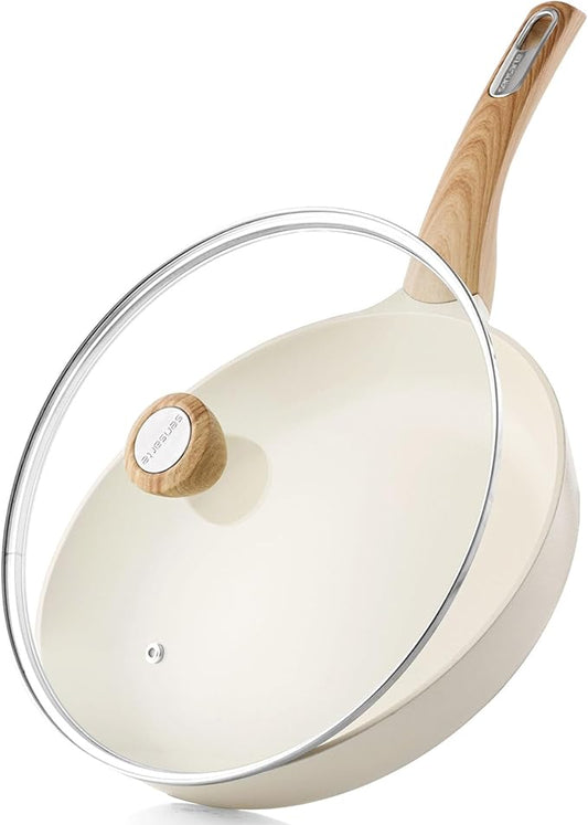 SENSARTE Ceramic Nonstick Frying Pan Skillet with Lid, 9.5inch Non Stick Pan Omelet Pans, Non-toxic Kitchen Cooking Chef's Pan, Free of Intentionally Added PFAS/PTFE/PFOA, Induction Compatible, White
