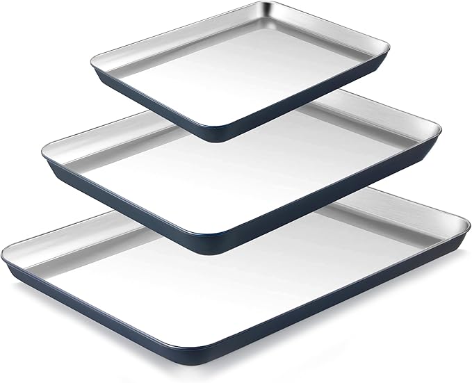 BRONYPRO Stainless Steel Baking Sheet Pan Set of 3, Cookie Sheets 9/12/16 In, Non-Toxic Uncoated Interior (PFOA & PTFE Free), Solid Warp-Resistant Cooking Trays for Oven & Toaster, Navy Exterior