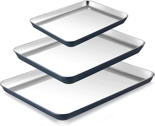 BRONYPRO Stainless Steel Baking Sheet Pan Set of 3, Cookie Sheets 9/12/16 In, Non-Toxic Uncoated Interior (PFOA & PTFE Free), Solid Warp-Resistant Cooking Trays for Oven & Toaster, Navy Exterior