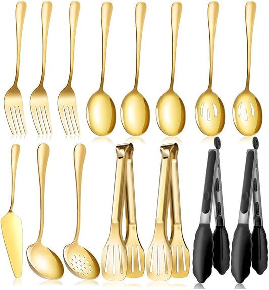 Gold Serving Utensils Set for Partie, Stainless Steel Metal Large Serving Spoons, Slotted Spoons, Forks, Tongs, Soup Spoons, Skimmer Spoon, Cake Server for Buffet, Catering, Entertaining 15pcs