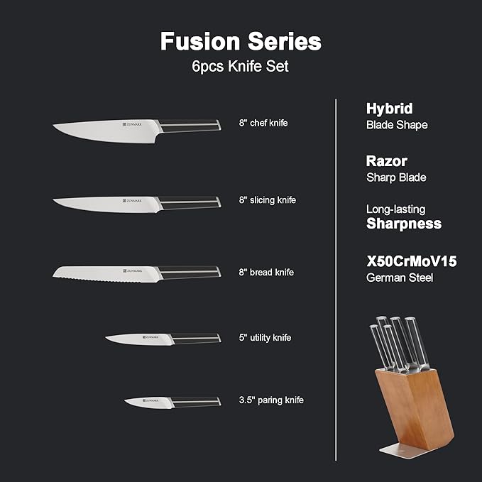 Kitchen Knife Set, 6 PCS Knife Sets for Kitchen with Block, X50CrMoV15 High Carbon German Steel Knife Set, Space-Saving Design for Home and Professional Kitchens, Black
