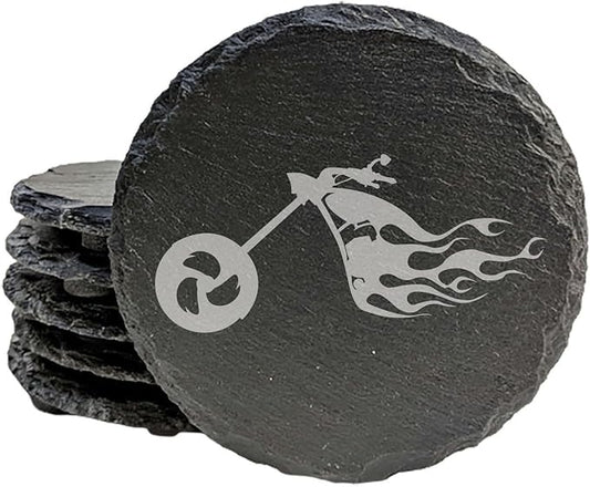 Ride The Fire: Flaming Chopper Motorcycle Coasters - Round Slate - Set of 8