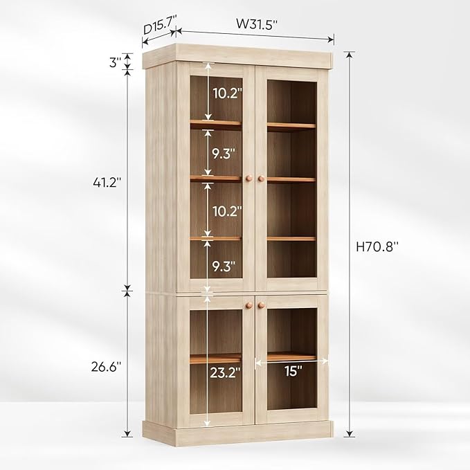 70.8" Tall Brown Bookshelf with Glass Doors, Farmhouse Modular Bookcase with 6-Tier Adjustable Shelves, Large Storage Cabinet for Home Office, Living Room, Set of 2